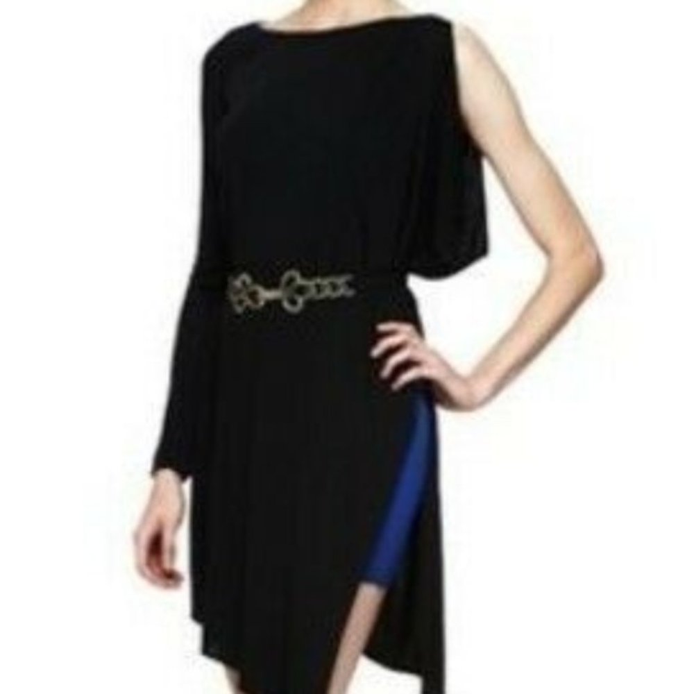 BCBG One Sleeve Drape Dress with Brass Belt